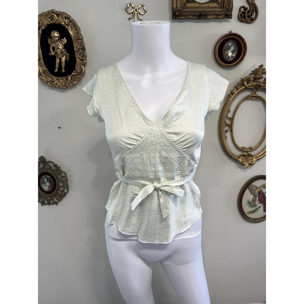 Vintage Y2K Nicole Edwards Sage Green Silk Blend Milkmaid Tie Front Top Size XS